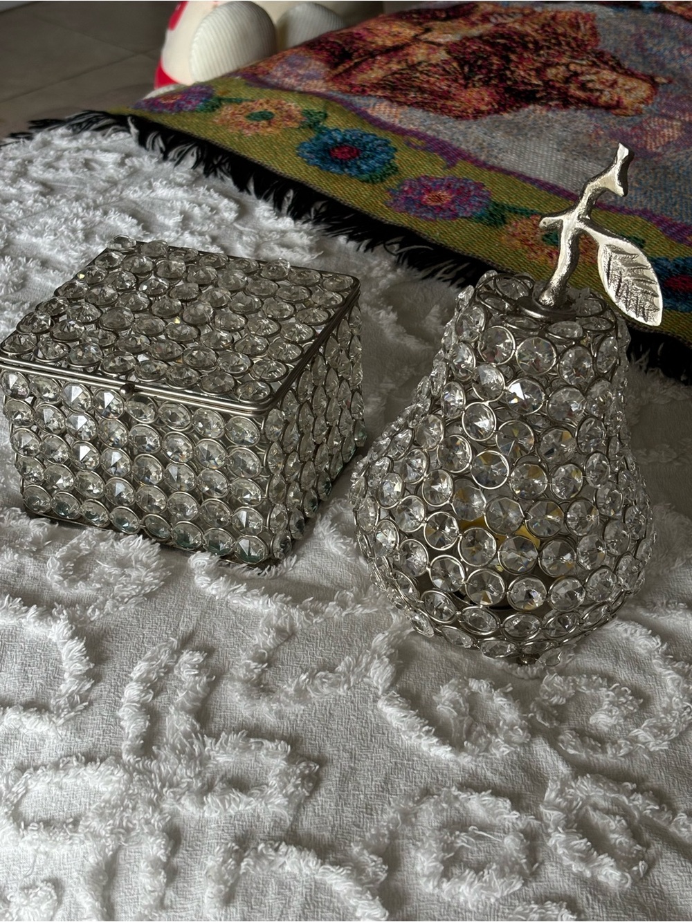 Decorative box and rhinestone-embellished candle